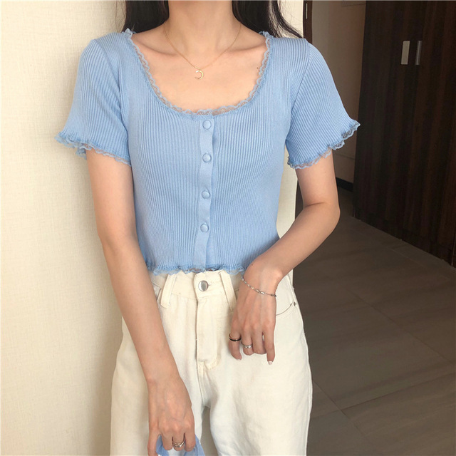 Neck Ruffles Short Sleeve T Shirt Women Summer Casual Button Crop Top Basic Blue Pink T Shirt Tops