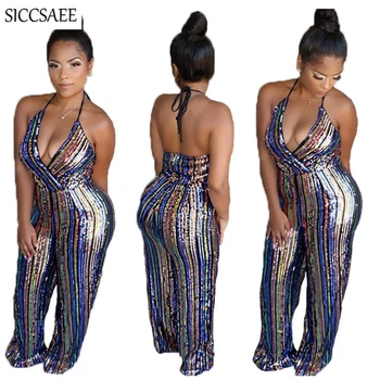 

Deep V Neck Halter Jumpsuits For Women 2020 Backless Wide Leg Pants Overalls Sexy Striped Sequins Luxury Glitter Rompers Sparkly