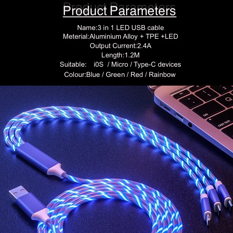 3 в 1 стример светодиодный USB кабель Micro USB кабель и type C кабель и кабель IOS Зарядка синхронизации для Iphone huawei Xiaomi Redmi LG и т. Д