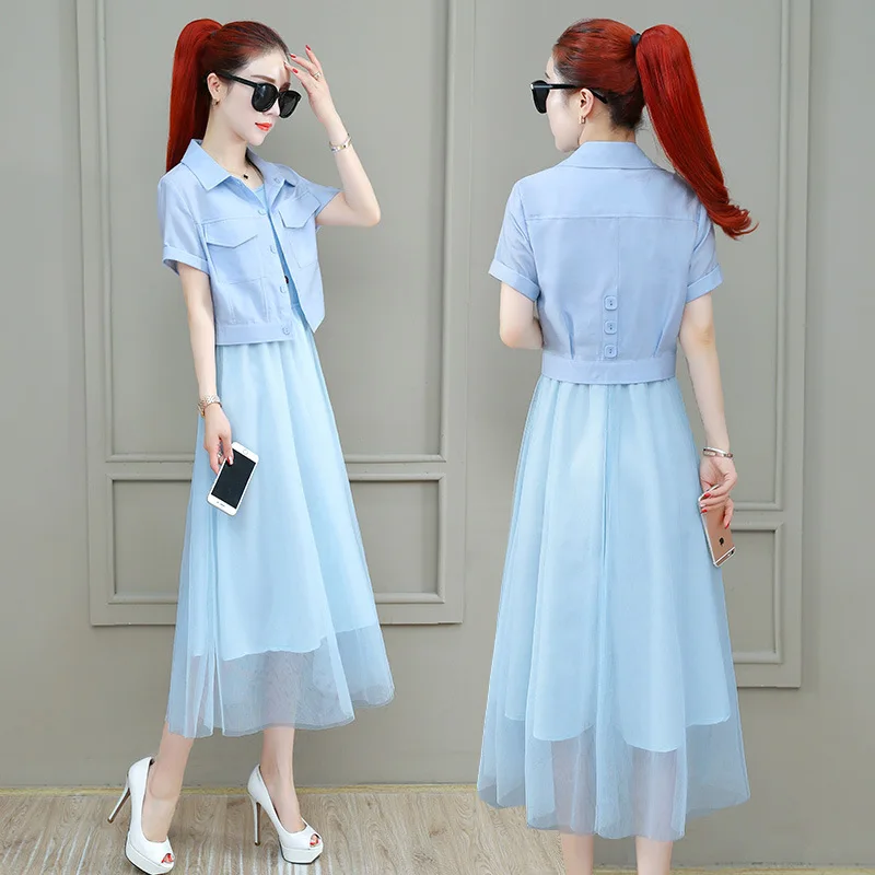 

2019 New Style Summer Dress-Style Korean-style Mesh Dress Three-piece Set WOMEN'S Suit Skirt Long Trend