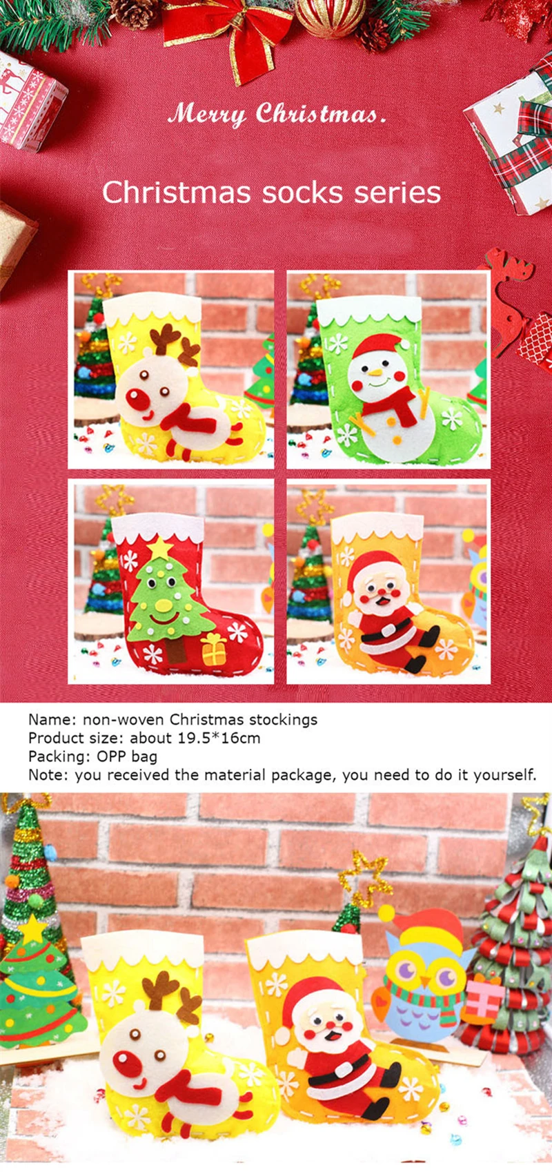 4 Styles of Craft Kits Christmas Socks Needle Felting Cute Santa Claus's Present Gift Socks Felt Animals Socks Material Package