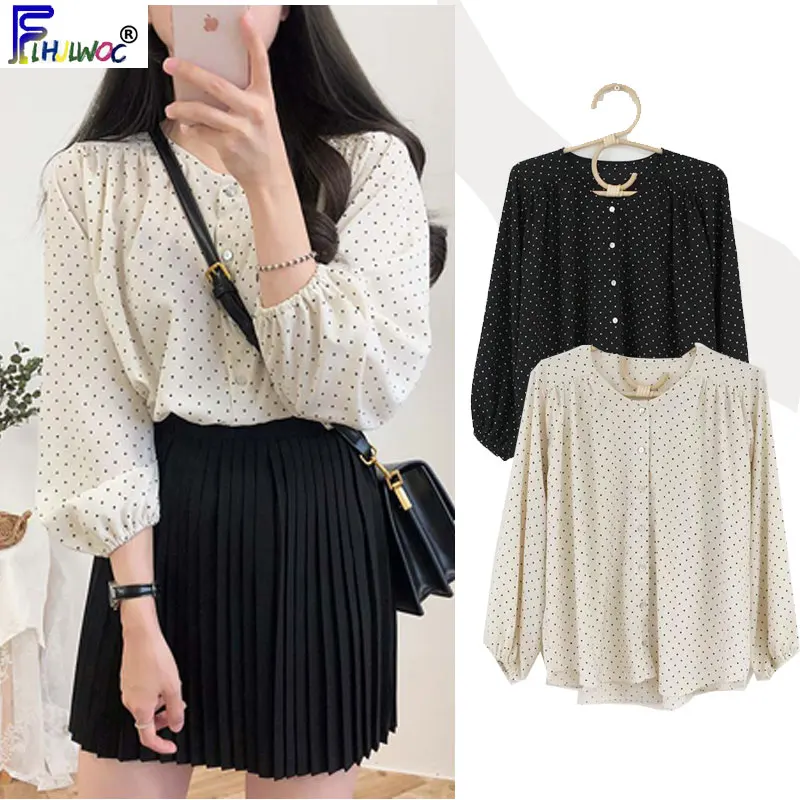 

Fall Design Tops Women Cute Sweet Preppy Style Girls Japan Korea Clothes Basic Wear Preppy Polka Dot Button Shirts Blouse 9310