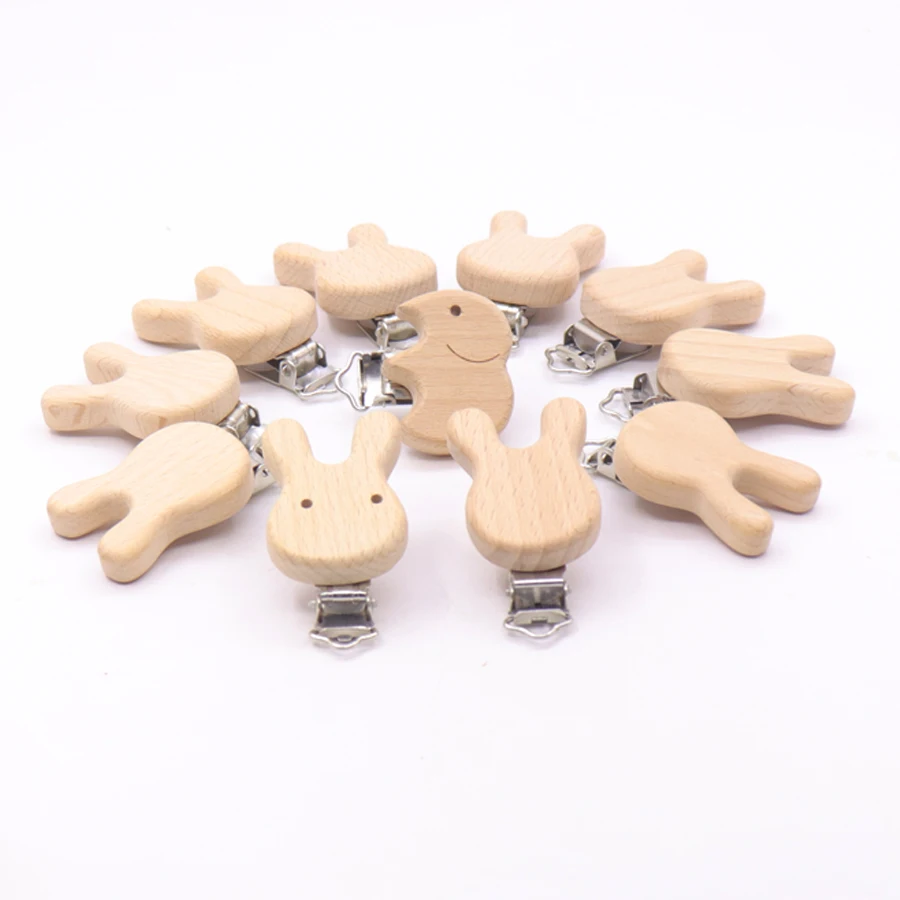 Pacifier Clip Pacifier Chain 5PCS Wooden Rabbit Pacifier Clip Baby Accessories Wooden Animal Pacifier Metal Holder Elephant Baby Teeth