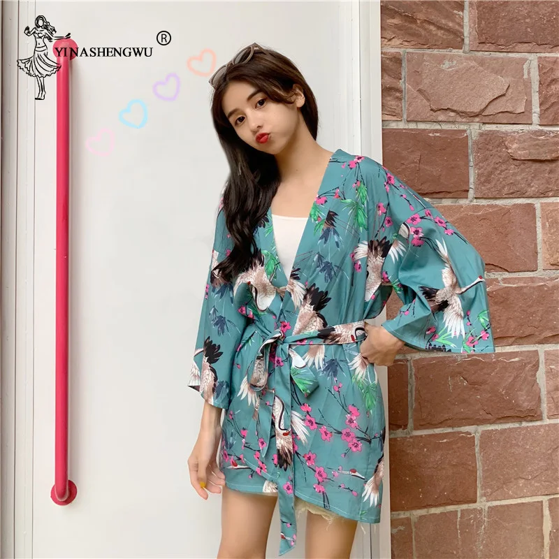 Yukata KimonoWomen New Crane Print Sun Protection Clothing Beach Street Harajuku Japanese Travel Thin Coat Asia Kimono Femme
