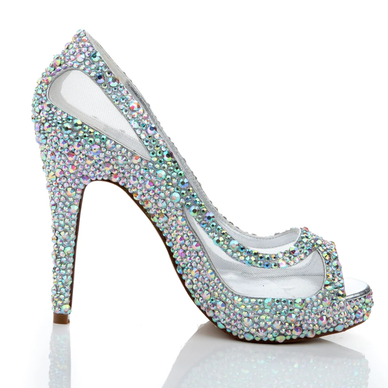 Sparkling Spring Summer Women High Heels Rhinestone Glitter Ab Color  Crystal Wedding Shoes Peep Toe Mesh Lace Bridal Shoes - Pumps - AliExpress