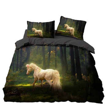 

Floral White Horse Bedroom Decor Bedding Set Microfiber Forest Background Duvet Cover with Pillowcases No Comforter Drop Ship