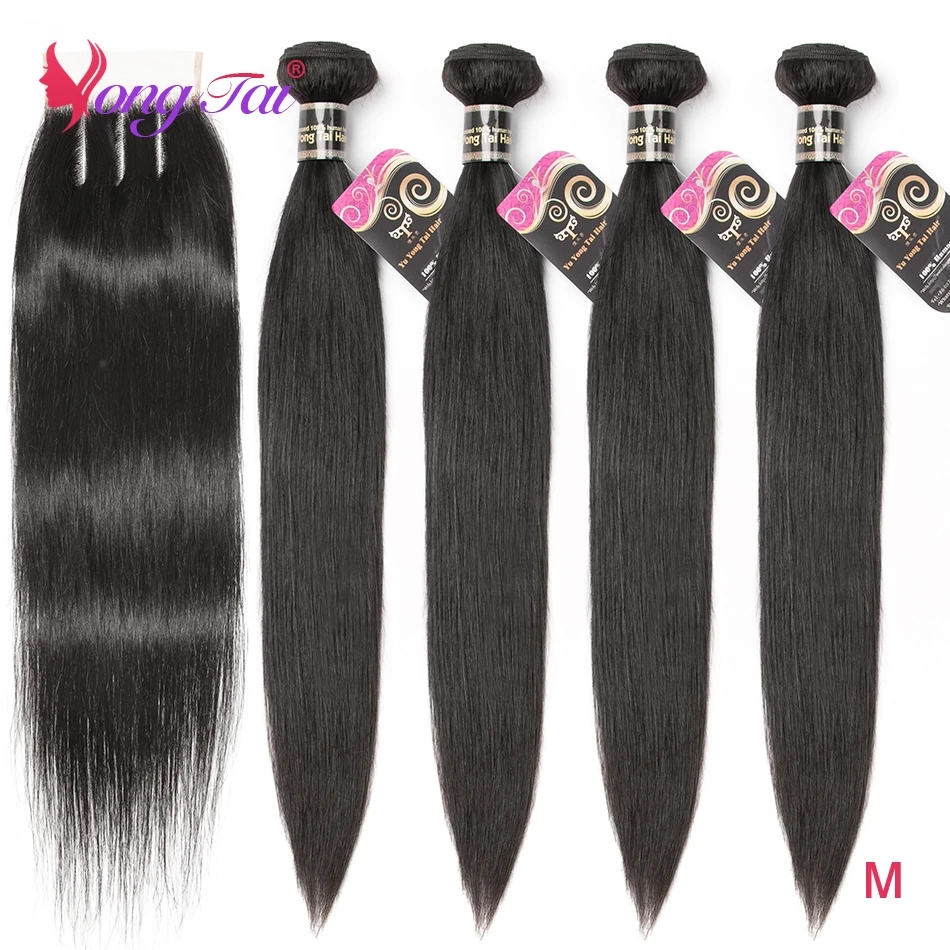 Yuyongtai прямые волосы, индийские волосы человеческие волосы Связки с синтетическое закрытие волос волосы remy 5 шт. натуральный цвет бесплатная
