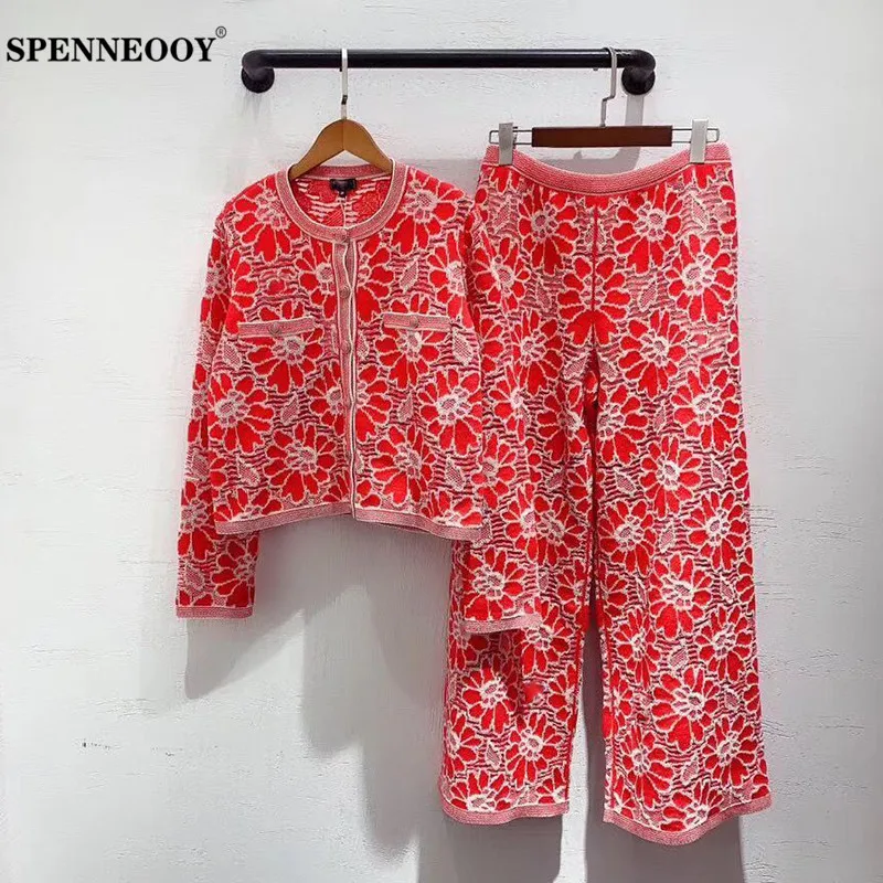 

SPENNEOOY Designer High-End Women's Spring Summer Red Flower Hollow Out Embroidery Fashion Runway Two Piece Set 2020 New