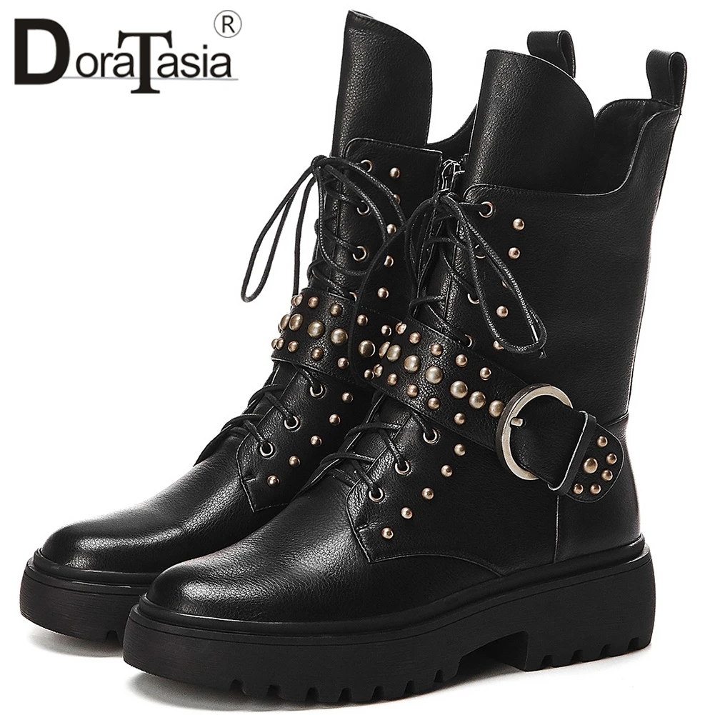 

DORATASIA New Luxury Brand Platform Booties women's Genuine Leather Ankle Boots Women Belt Buckle Rivet Med Heels Shoes Woman