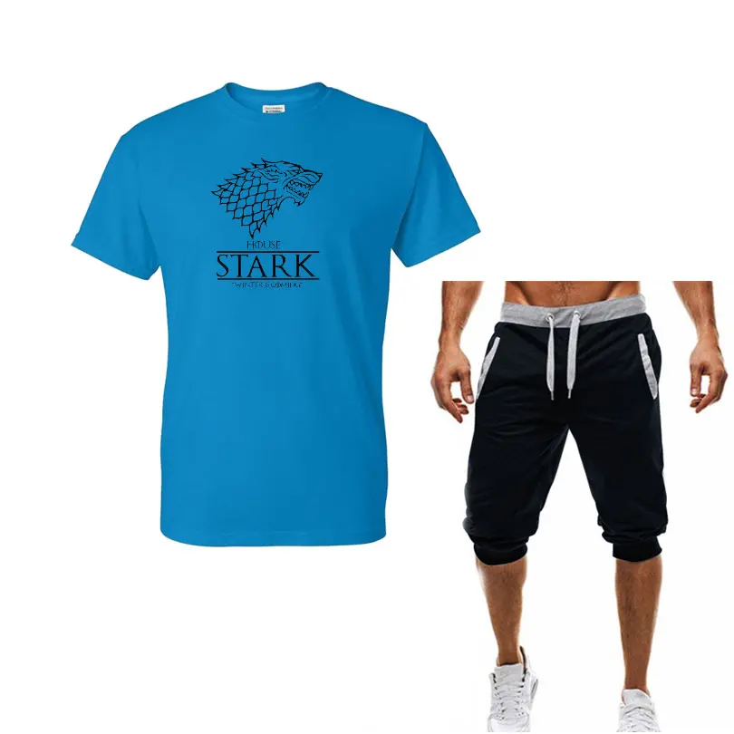 blue navy Модная Повседневная летняя спортивная футболка шорты для активного отдыха Высококачественная брендовая Повседневная хлопковая Футболка с круглым вырезом, 2 предмета - Цвет: blue navy