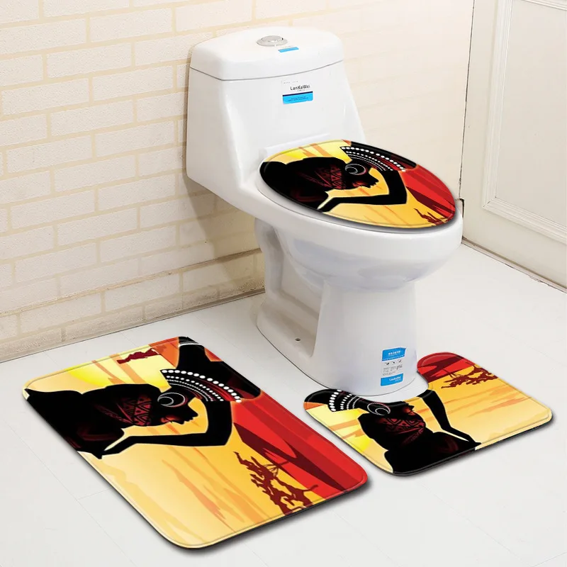 3Pcs African Girls Pattern Toilet Mat Rug Toilet Seat Cover Novelty Bathroom Set