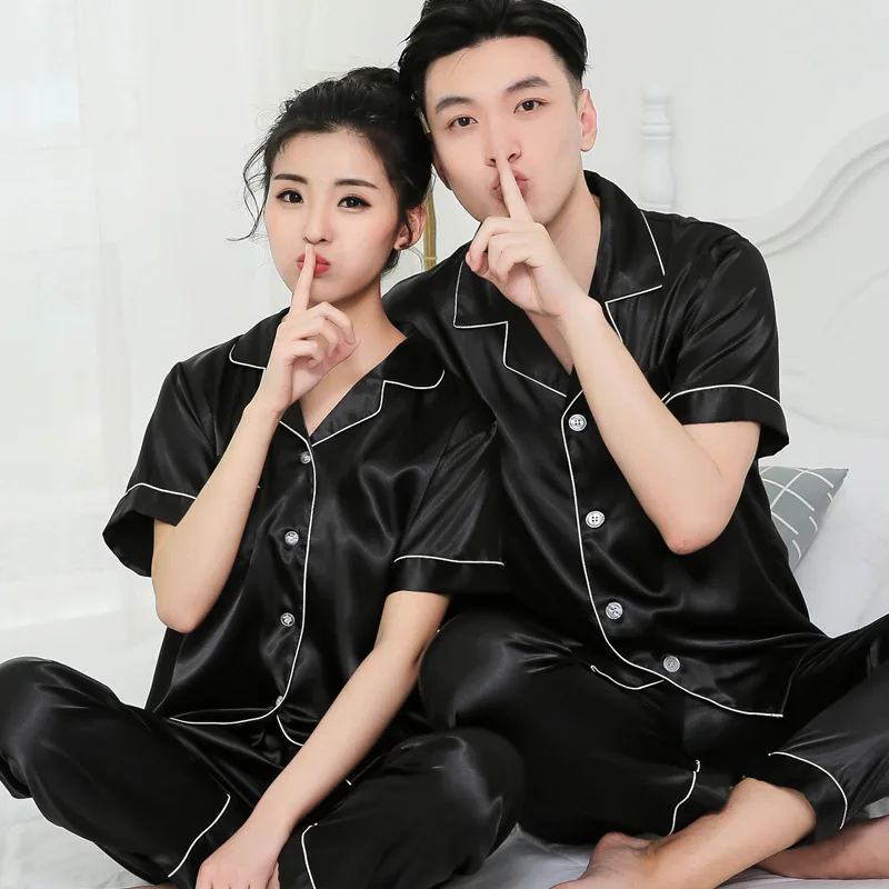 

Black And White with Pattern Couples Summer Pajamas Summer Viscose Short Sleeve Set Large Size Thin Men Tracksuit Trousers Sprin