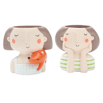 

2Pcs Lovely Girl Cartoon Design Resin Plant Flower Pot Succulent Container Planter Bonsai Pot Flowerpot Desktop Craft Home Decor