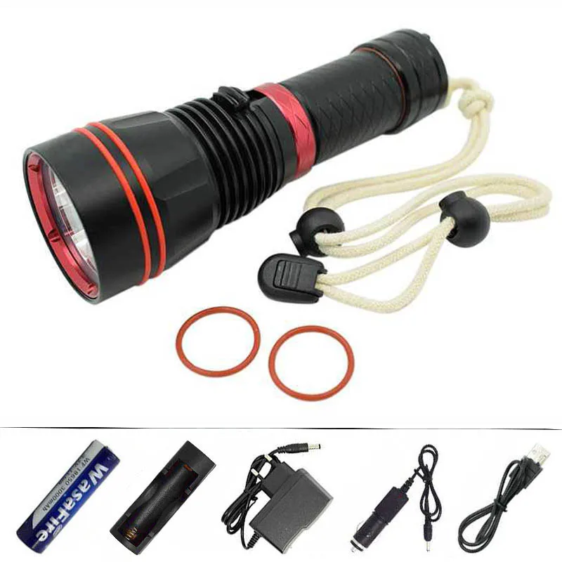 

2000 Lumens LED Dive Torch Light Waterproof XM-L2 Flash Lamp Underwater Lantern Diving Flashlight with 18650 Battery+Charger