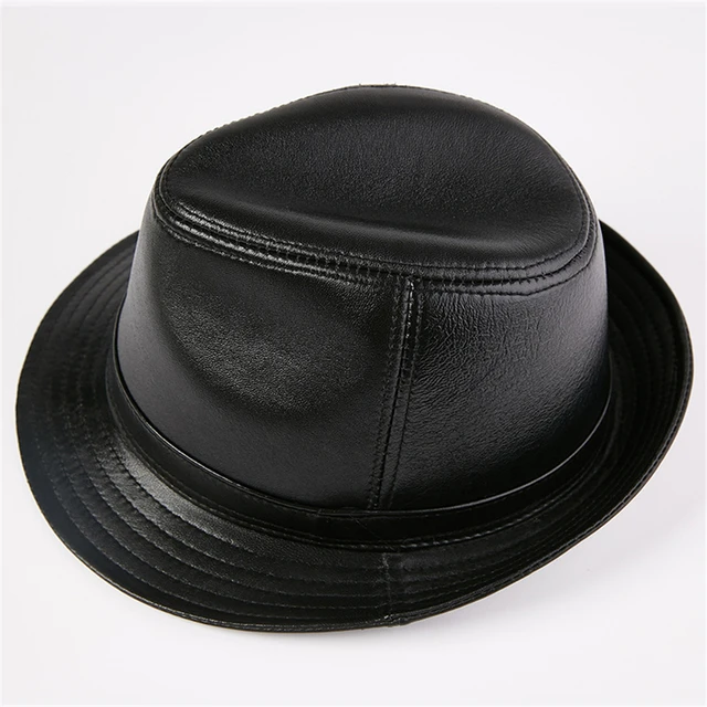 LA SPEZIA Men Fedora Hat Real Leather Sheepskin Dark Brown Jazz Hat Male Autumn Winter High Quality Men's Flat Top Cap black