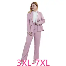 Новинка Осень Зима размера плюс рабочая одежда костюмы для женщин большие свободные офисные блейзеры и брюки формальные Комплекты розовый 4XL 5XL 6XL 7XL