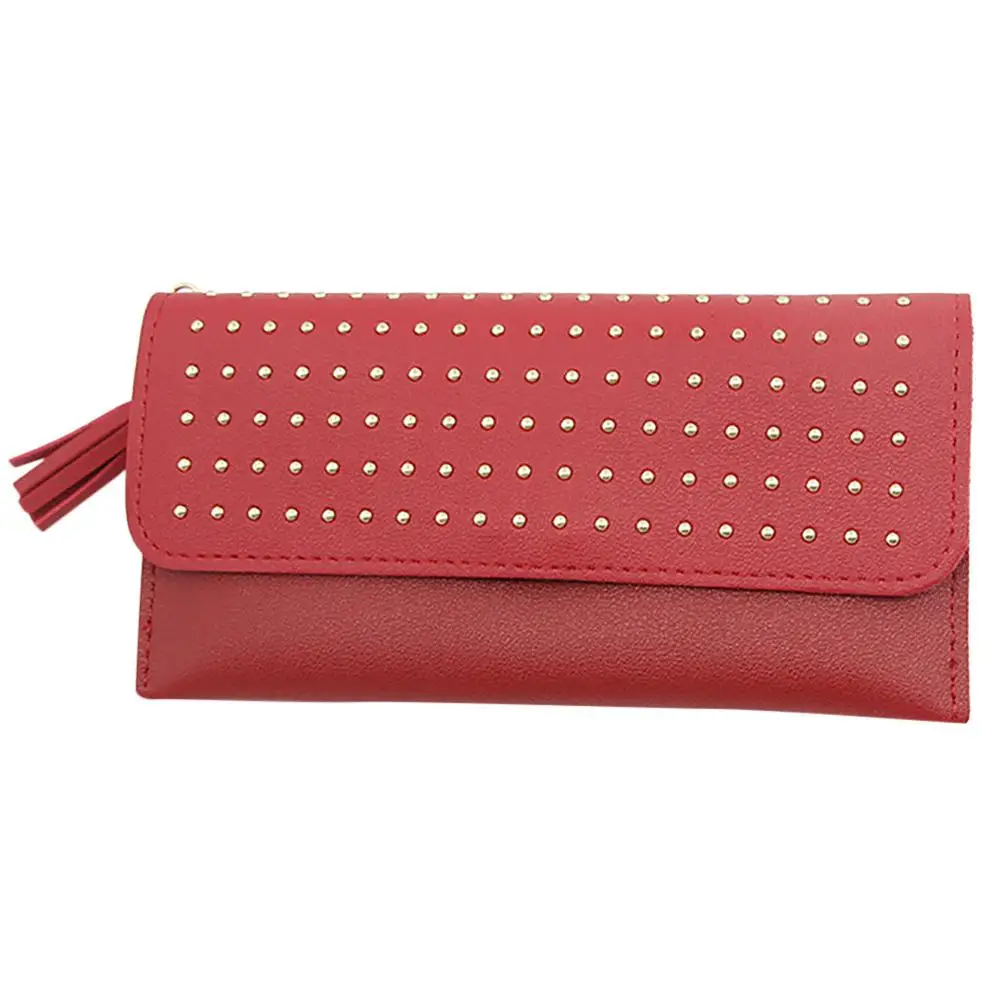 Женская длинная вечерняя сумочка, кошелек, Ретро стиль, с заклепками, кошелек, сумка для телефона, кожаный кошелек, новинка, кошелек для ежедневного использования, кошелек, женский кошелек - Цвет: Red