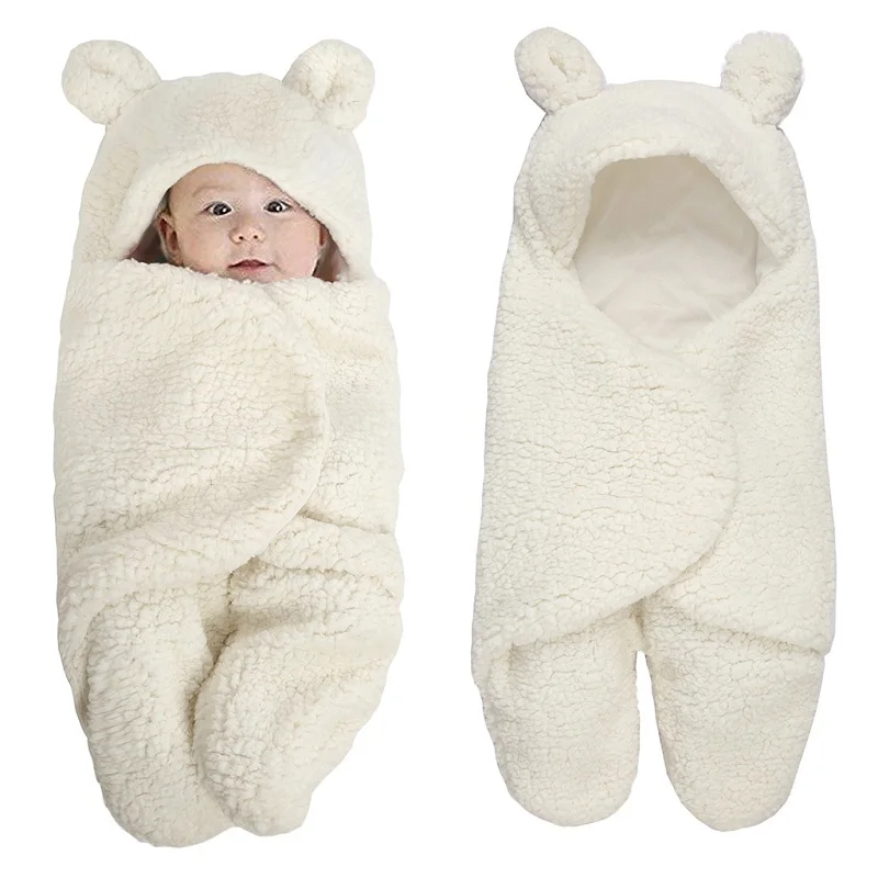 Одеяло для новорожденного пеленать обернуть зимний хлопок плюш с капюшоном Спальный Мешок 0-12 м - Цвет: Белый
