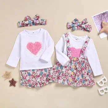 

2020 Spring New Baby Girls 1-5T long sleeve flower heart applique t-shirt top + Pant/Dress + Headband 3PC Outfits
