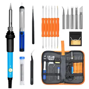 

19pcs 60W Adjustable Temperature Electrical Soldering Iron Kit Thermoregulator Pump Tin Wire Pliers Welding Tools (Random Color)