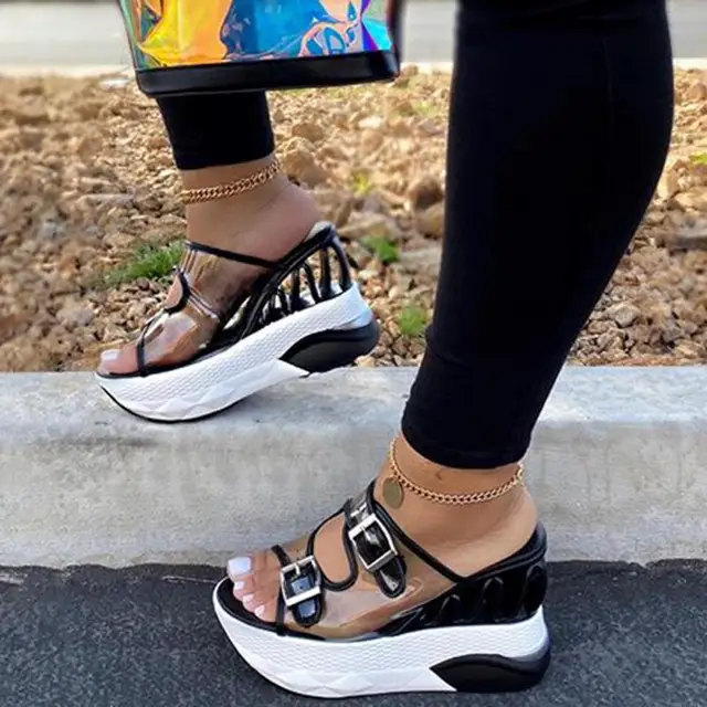 קיץ אישה סנדלי טריז נשי אבזם שקוף גבוהה העקב נעלי פלטפורמת Wterprooof אופנה נעל גודל גדול 43|Slippers|  -2