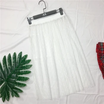 

Fashion Spring Summer Petticoat Women's Sexy See-through High Waist Polka Dot Mesh Skirt Femme Tulle Midi Skirt Black White