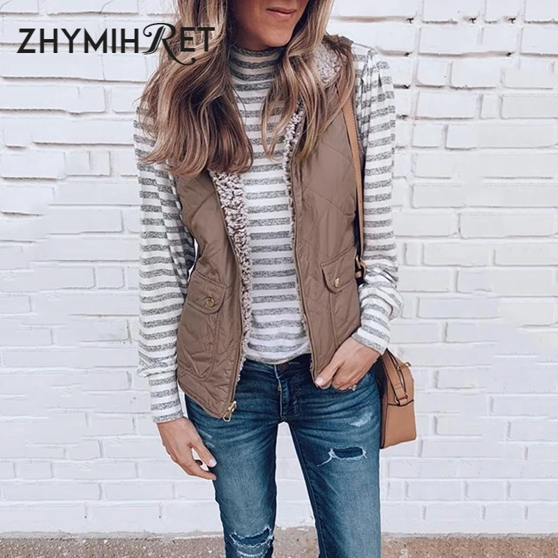 ZHYMIHRET осенне-зимний Леопардовый двусторонний жилет Женский Повседневный жилет с воротником-стойкой пальто куртка на молнии с карманами