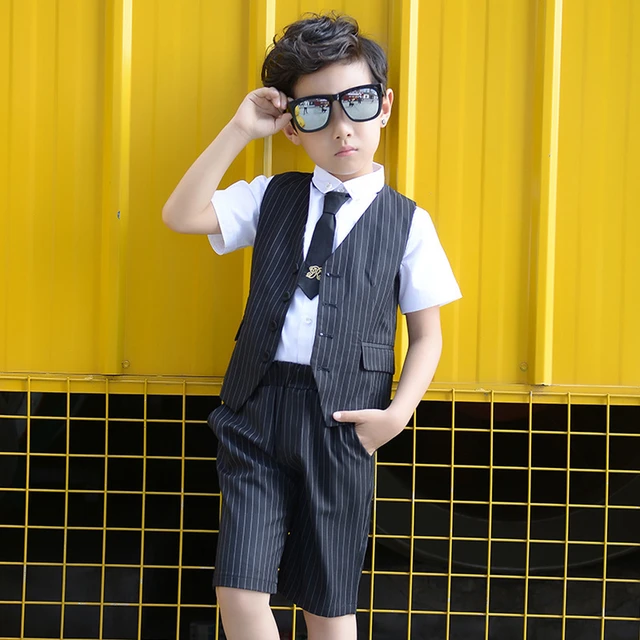 Chaleco a rayas para niños, traje de pantalón y camisa corta blanca, ropa  informal Formal para