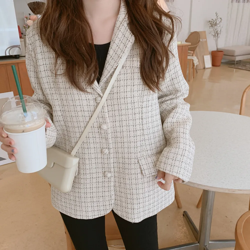 HziriP Autumn Chic Plaid Feminine Sweet Warm Women Woolen Elegant Loose Vintage Office Ladies All Match Coat Blazers