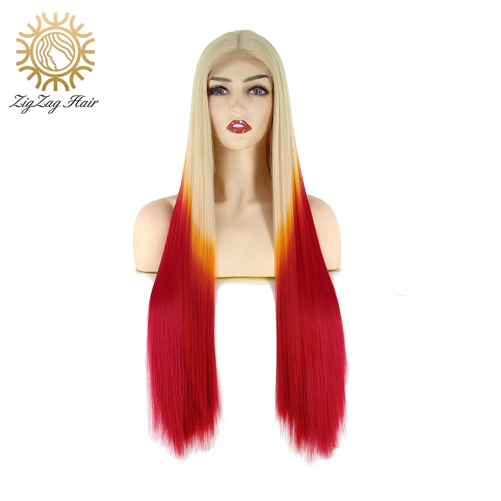 

ZigZag Glueless Synthetic Lace Front Wig for Women 3T 613 Ombre Yellow Red Wig Long Straight Heat Resistant Fiber Middle Part