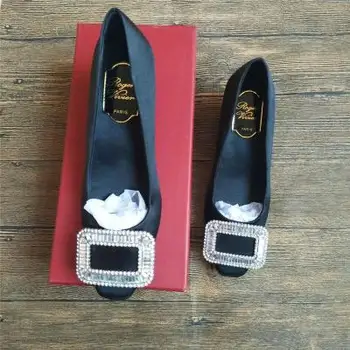 

Satin rhinestone square buckle square head thick heel shoes casual wild mid-heel black autumn and winter new high-heeled women