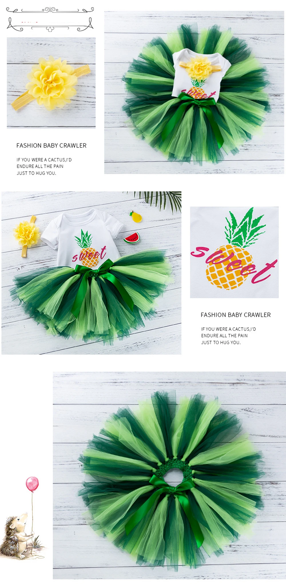 Summer Children's Wear Baby Short Sleeve Cartoon Clothes Climbing Clothing Mesh Handmade Skirt Head Wear Three Pieces Tutu Dress