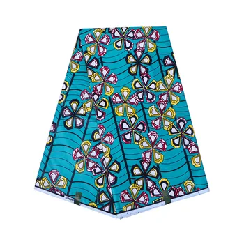 

African Nigeria Ankara 100% Cotton Flowers Print Sky-Blue Color African Fabric Real Wax 6Yard