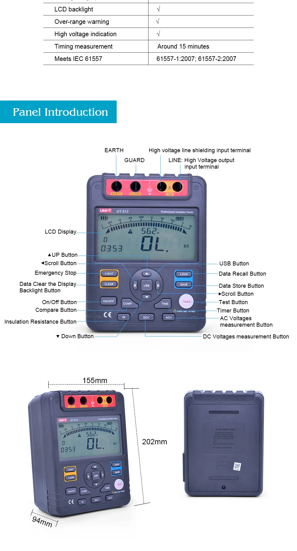 UNI-T UT513 мегомметровый тестер сопротивления изоляции 5000V 1M-1KGOhm Megohmmeter хранение данных/аналоговый бар Граф/DAR/USB Передача данных