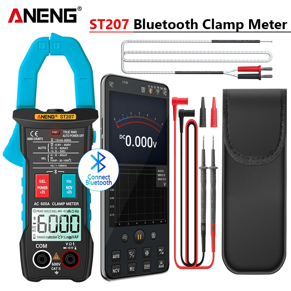 ANENG ST207 Digital Bluetooth Multimeter Clamp Meter 6000 Count True RMS  DC/AC Voltage Tester AC Current Hz Capacitance Ohm