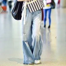 Высокая улица женские джинсовые синие джинсы брюки карманы Femme Pantalon Высокая талия свободные широкие брюки