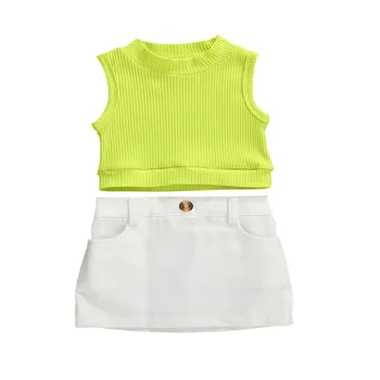 

Summer Kids Girl fashion Clothes sleeveless green vest Tops Fluorescence T-Shirt Mini Button white Skirt Outfits Set