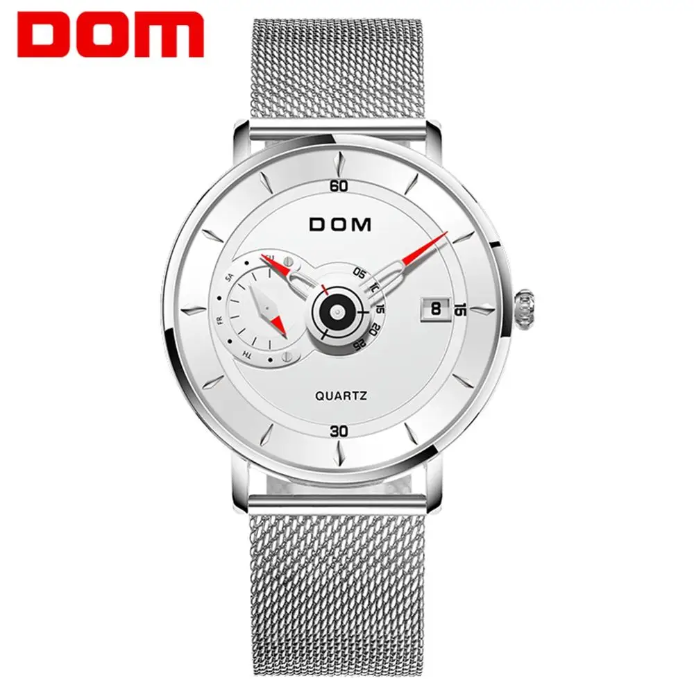 DOM Brand Luxury Silver Male Watch Quartz Creative Wrist Watch Men Auto Waterproof Mens Watches Sport Wristwatch M-1299D-7M
