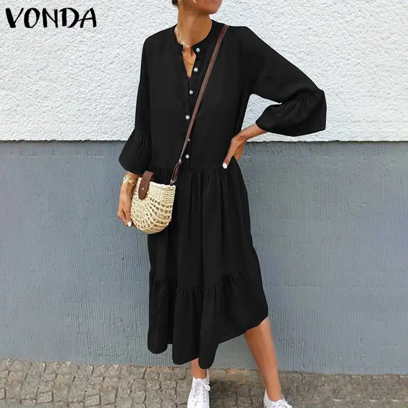 VONDA платье-рубашка для беременных, Повседневное платье с круглым вырезом и длинными расклешенными рукавами, однотонные платья, свободный пляжный сарафан, халат для беременных 5XL