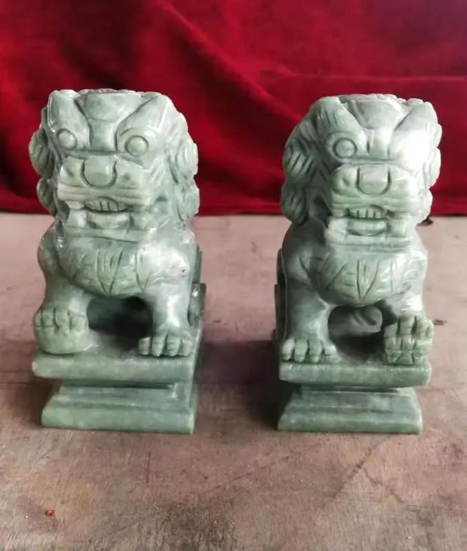 2 ручной работы зеленый нефрит фигура льва природа jadite собака Statuary Lucky beast, приносящий богатство
