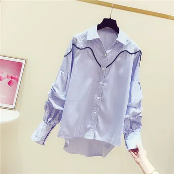 

2020 Spring New Korean Fashion Puff Sleeve Lapel Single-Breasted Striped Shirt Women's Stripe Blouse Ladies Office Shirts Tops