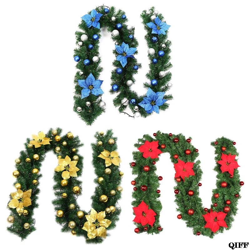 

2.7M Christmas Garland Fireplace Stairs Gold Baubles Flowers Xmas Tree Decor