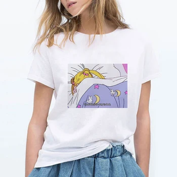 

I Just Want To Stay In Bed Short Sleeves Casual Sailor Moon Tshirt Women Vintage Korean Clothes Camisas Mujer Tops Tee Japanese