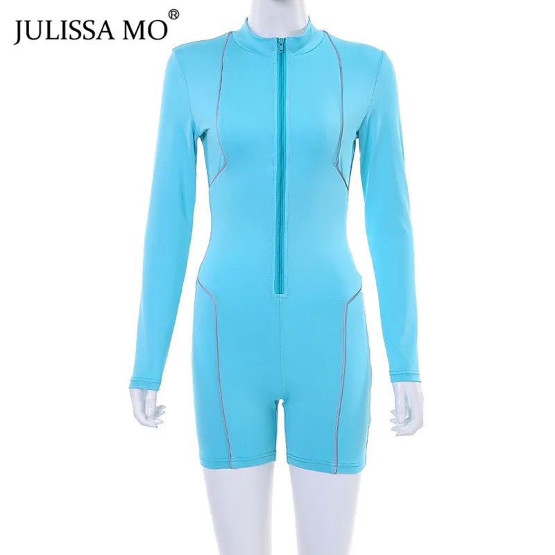 JULISSA MO светоотражающий полосатый пляжный костюм для женщин осень длинный рукав молния Обтягивающие Комбинезоны женские повседневные спортивные купальники