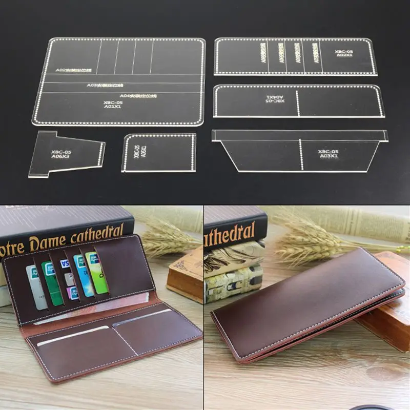 6pcs Clear Acrylic Long Wallet Purse Pattern Stencil Template Sets Leather Craft DIY Tool Kits Drop Ship Support