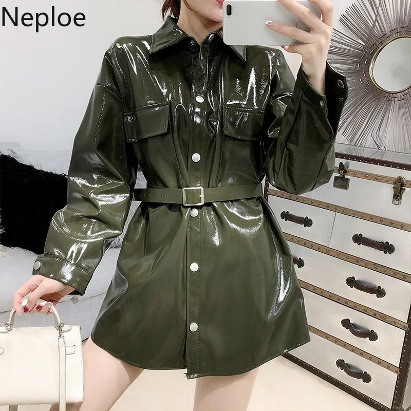 Neploe пальто из искусственной кожи женские модные тонкие Куртки из искусственной кожи осенние элегантные пальто с поясом и карманами на пуговицах верхняя одежда 56036
