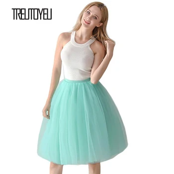 

Treutoyeu Design Elegant Pleated Skirt Mint Green Spring Outing 6 Layers 65cm Midi Tulle Skirts Womens Faldas Mujer Moda 2020