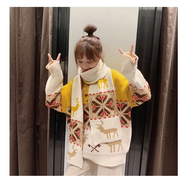 Ceny Boże narodzenie nowy rok Retro czerwony sweter kobiet głowy zagęścić 2019 jesienią i zimą nowy luźny, gruby kurtka z wełny góry