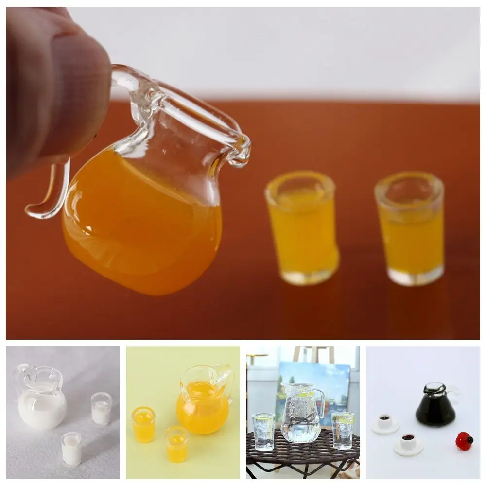 1Set 1/12 Scale Simulation Miniature Drinks Jug Cup Coffee Milk Lemon Water Orange Juice Drinking Model Doll Accessories