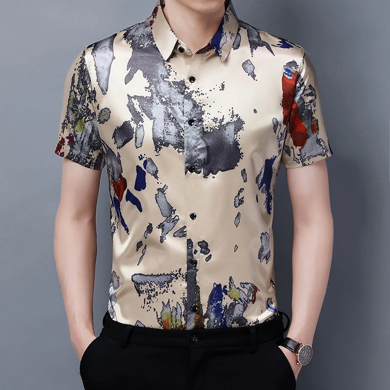 Men's Silk Streetwear Summer Patchwork Colors Shirt Short Sleeve Silk Clothes Fashion Printing Smooth Soft Dress Shirt